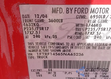 2005 Ford F-150 Fx4/Xl/Xlt z USA, uszkodzony, nr VIN 1FTRF14565NA65236